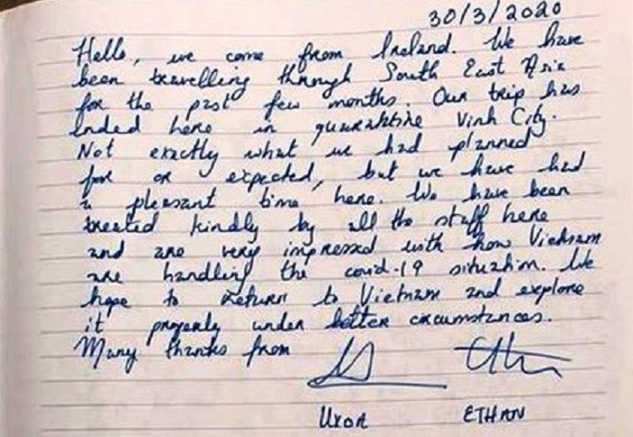 Hết hạn cách ly, 2 du khách Ireland viết thư cảm ơn lực lượng chức năng - 1