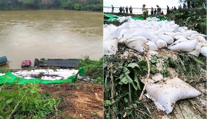 Xe chở hàng chục tấn gạo lao xuống sông Lô, tài xế may mắn thoát chết - 1