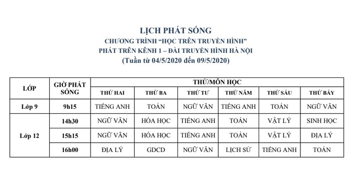 Chi tiết lịch dạy học qua truyền hình của Hà Nội sau dịp lễ 30/4-1/5 - 1
