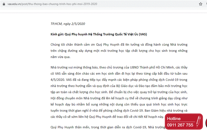 Trường Việt Úc thông báo miễn, giảm học phí, phụ huynh vẫn không đồng tình - 1