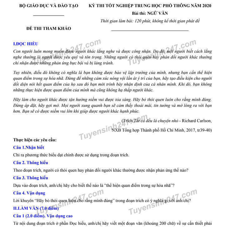 Gợi ý đáp án đề tham khảo môn Ngữ văn thi tốt nghiệp THPT - 1