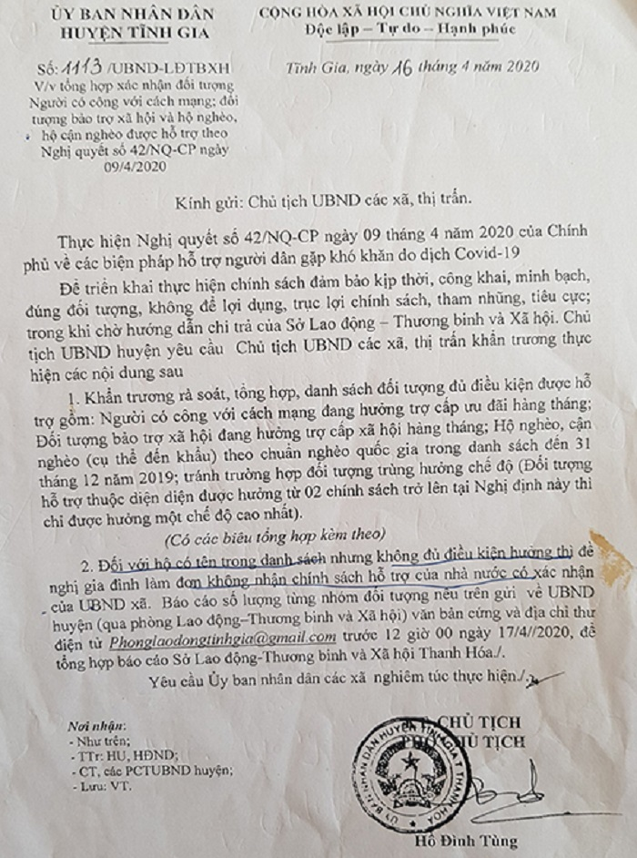 Huỷ một phần công văn 'đề nghị dân từ chối nhận hỗ trợ gói 62.000 tỷ' vì sai sót - 1