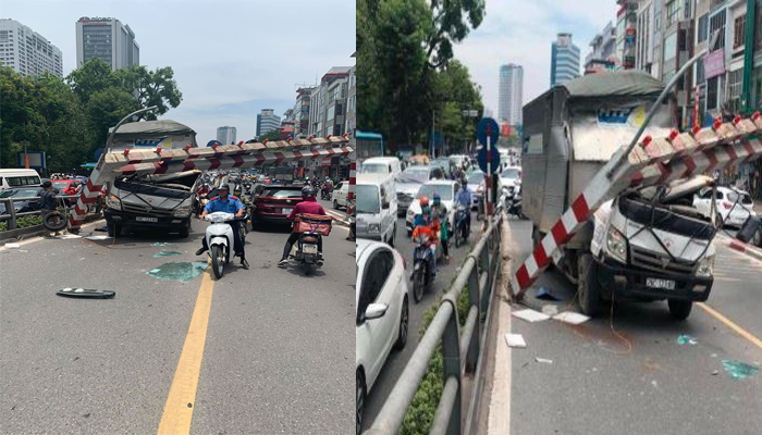 Xe tải húc đổ thanh hạn chế chiều cao cầu vượt Thái Hà, tài xế may mắn thoát nạn - 1