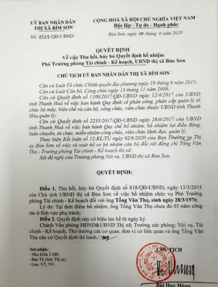 Thanh Hóa hủy quyết định bổ nhiệm 'thần tốc' trưởng phòng tài chính - 1
