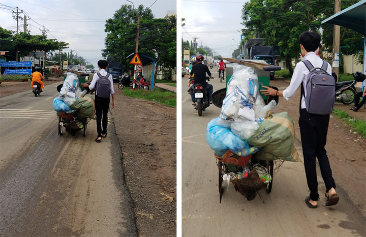 Nam sinh giúp cụ ông đẩy xe phế liệu lên dốc nhận 'mưa' lời khen từ dân mạng - 1