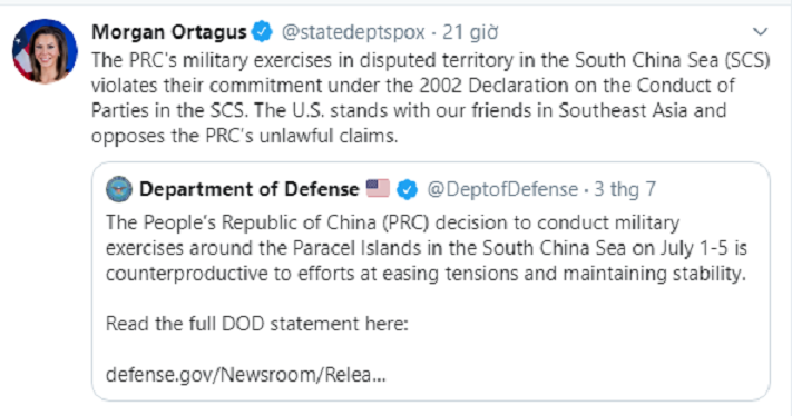Bộ Ngoại giao Mỹ chỉ trích Trung Quốc tập trận phi pháp ở Hoàng Sa - 1