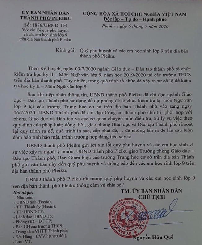 Chủ tịch UBND TP Pleiku xin lỗi phụ huynh và học sinh vụ lộ đề thi Văn - 1