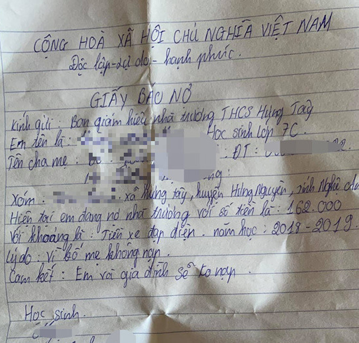Nợ 162 nghìn đồng tiền gửi xe, nam sinh lớp 7 phải viết 'giấy báo nợ' với trường - 1