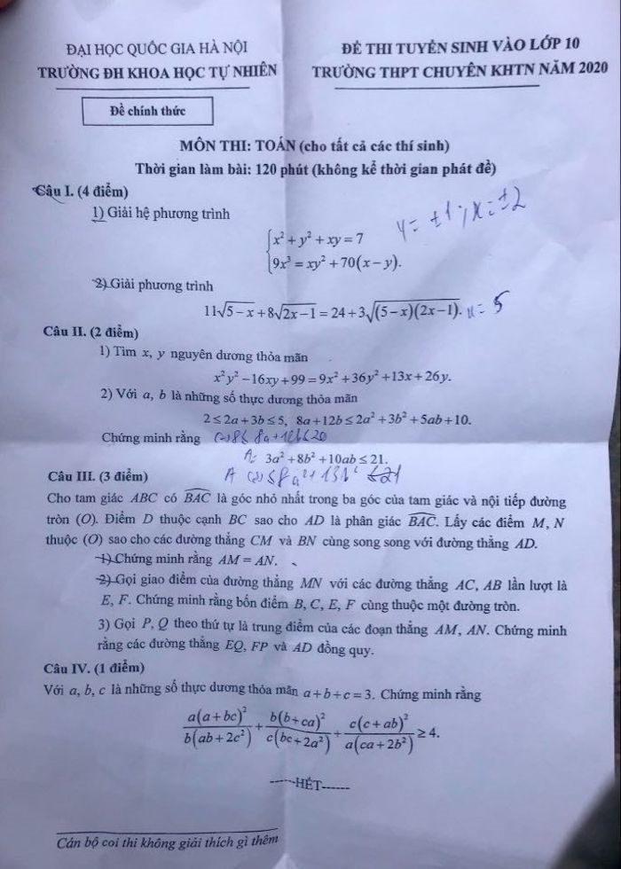 Đề thi vòng 1 môn Toán vào lớp 10 Chuyên Khoa học Tự nhiên - 1