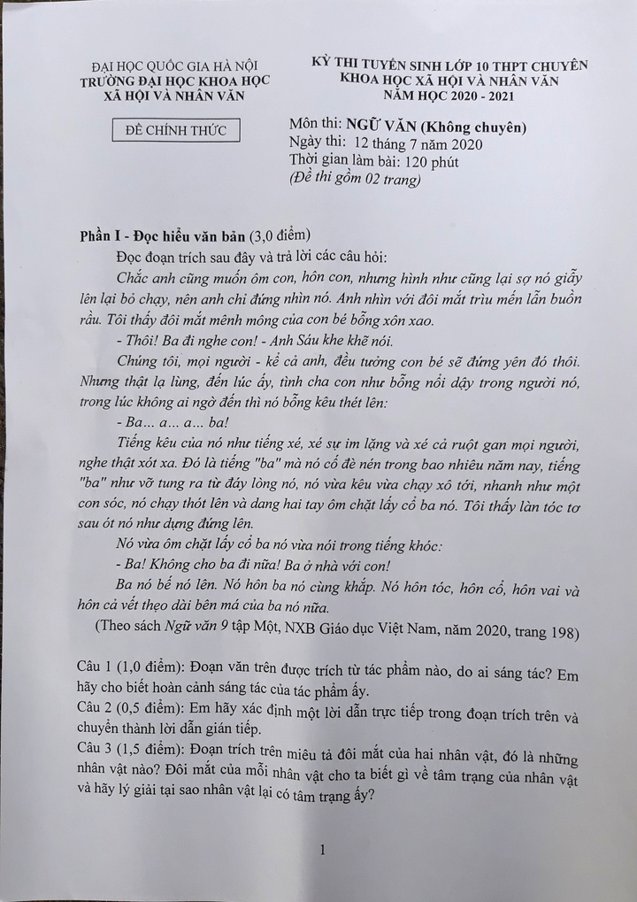 Đề Văn vào lớp 10 chuyên Khoa học Xã hội và Nhân văn bàn về tình cảm gia đình - 1