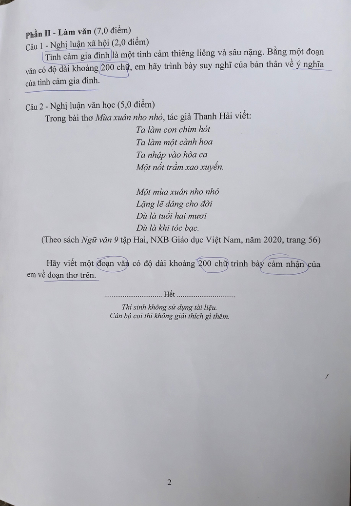 Đề Văn vào lớp 10 chuyên Khoa học Xã hội và Nhân văn bàn về tình cảm gia đình - 2