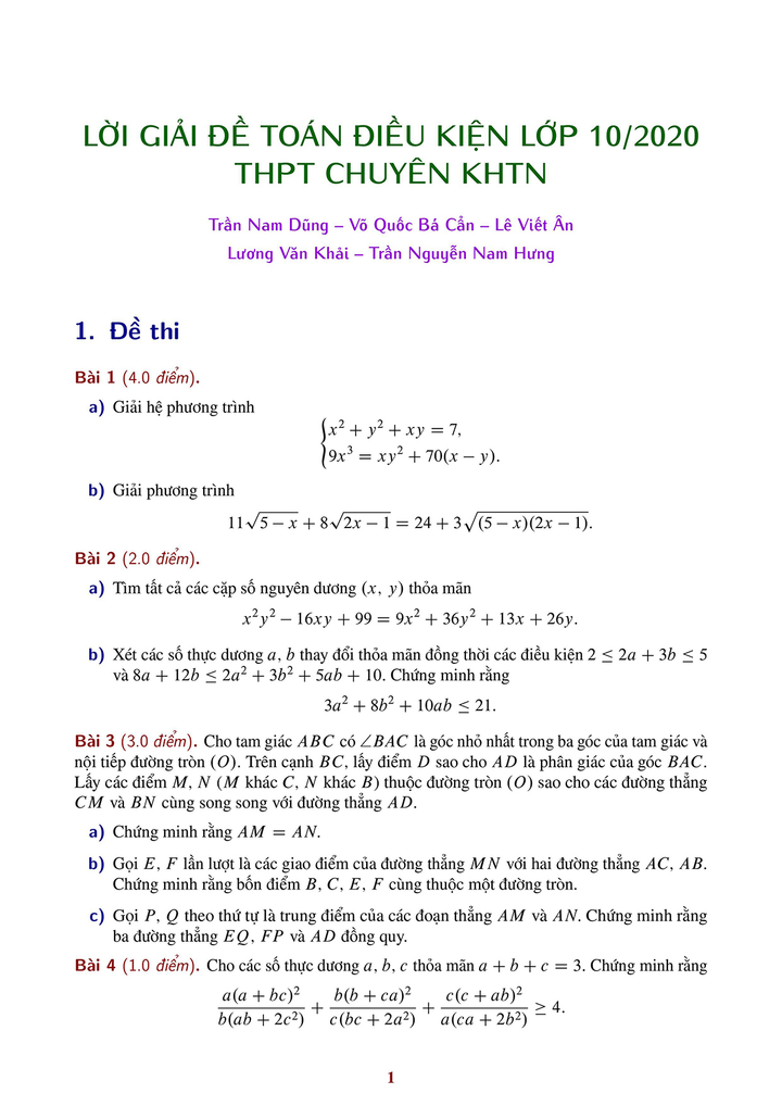 Gợi ý đáp án đề thi môn Toán vòng 1 Chuyên Khoa học Tự nhiên - 1