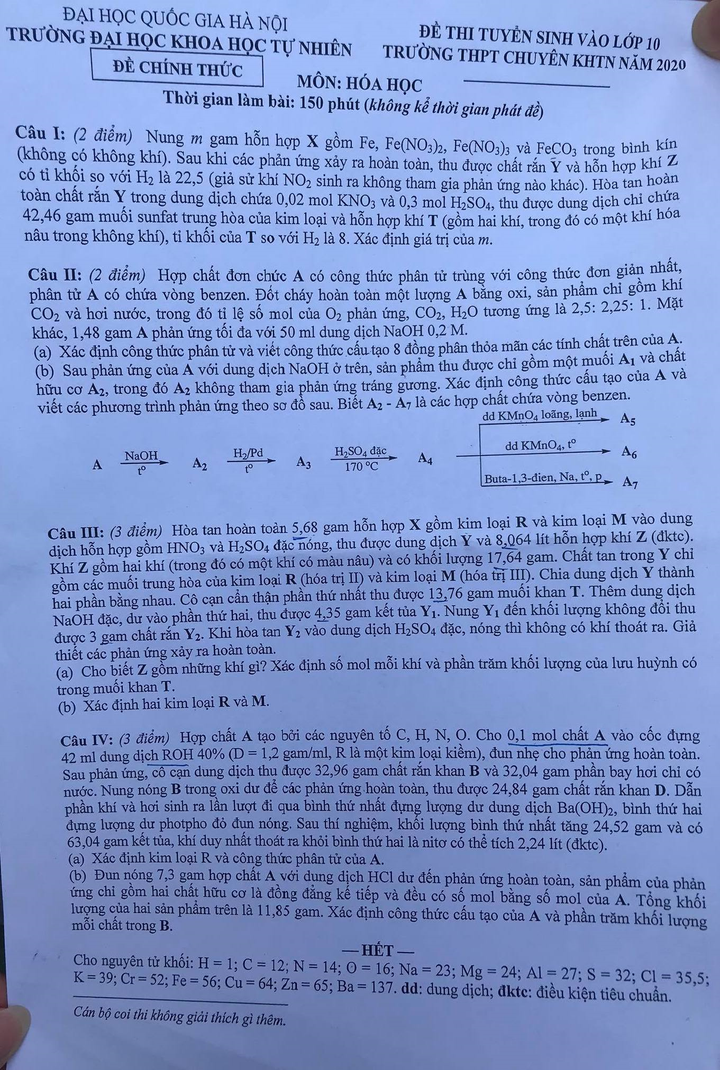 Đề chuyên Hóa vào lớp 10 trường THPT chuyên Khoa học tự nhiên - 1