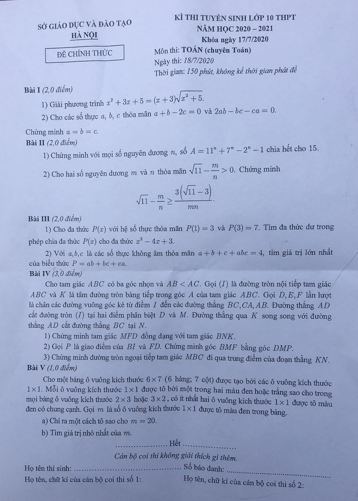 Đề thi môn Toán vào lớp 10 trường chuyên công lập tại Hà Nội - 1