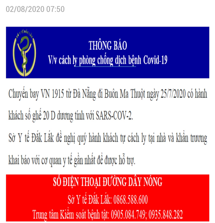 Đắk Lắk ra thông báo khẩn tìm người đi chuyến bay có ca dương tính SARS-COV-2 - 1