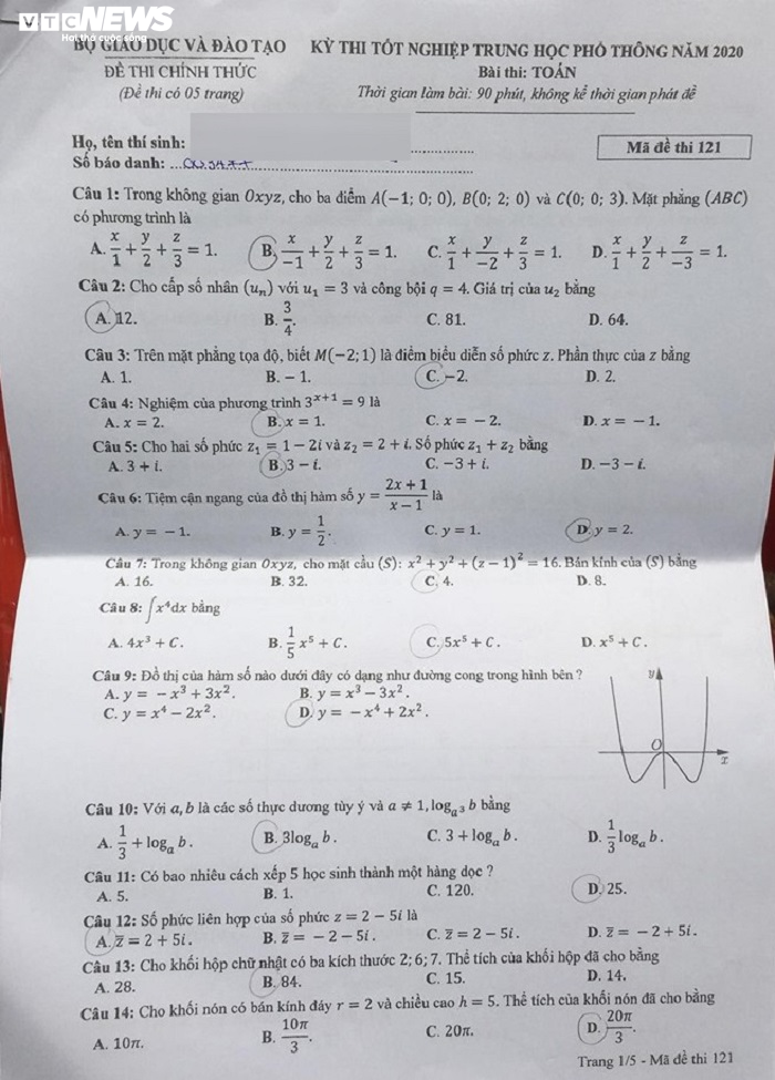 Mã đề 121 đề thi môn Toán tốt nghiệp THPT năm 2020 - 1