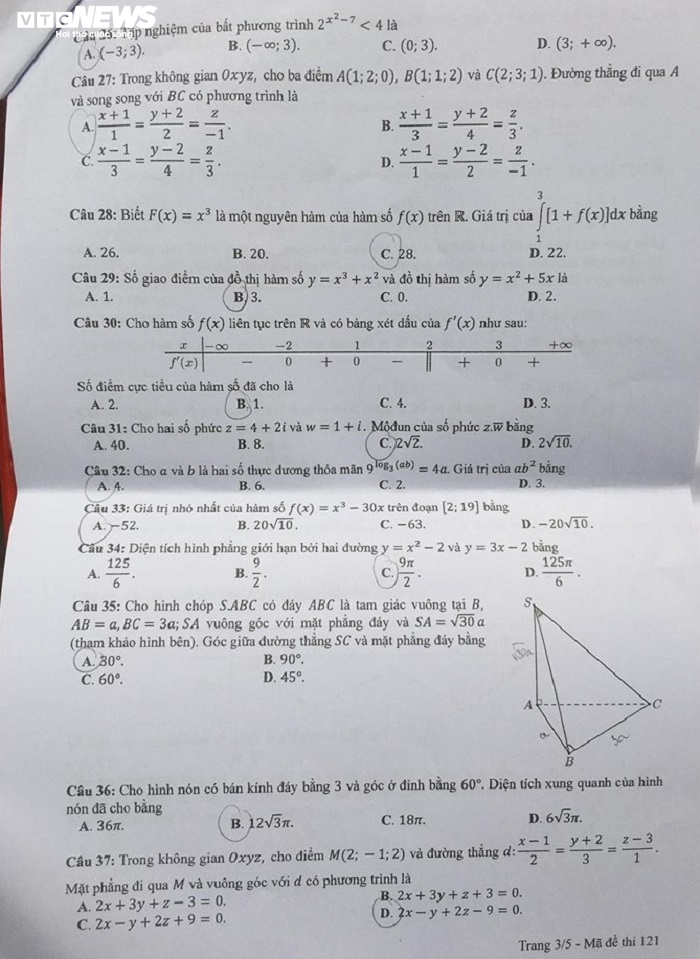 Mã đề 121 đề thi môn Toán tốt nghiệp THPT năm 2020 - 3