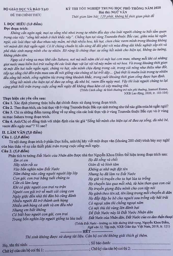 Đề môn Ngữ văn kỳ thi tốt nghiệp THPT 2020 - 1