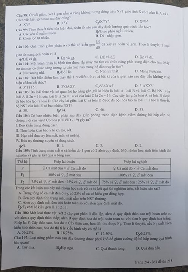 Đề môn Sinh học thi tốt nghiệp THPT 2020 - 2