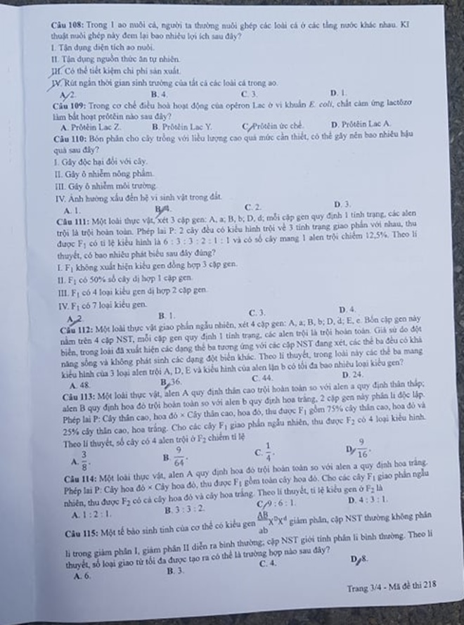 Đề môn Sinh học thi tốt nghiệp THPT 2020 - 3