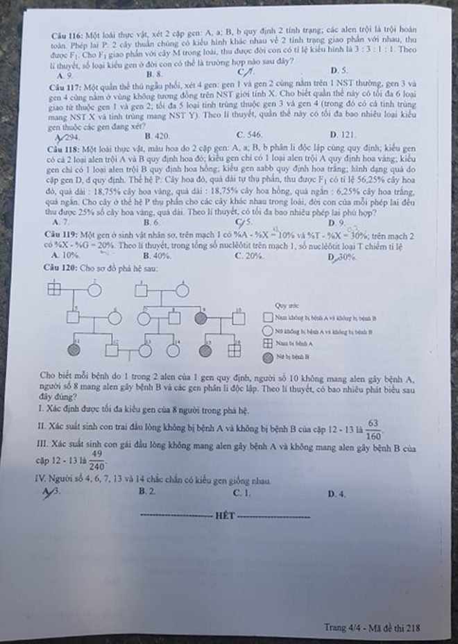 Đề môn Sinh học thi tốt nghiệp THPT 2020 - 4