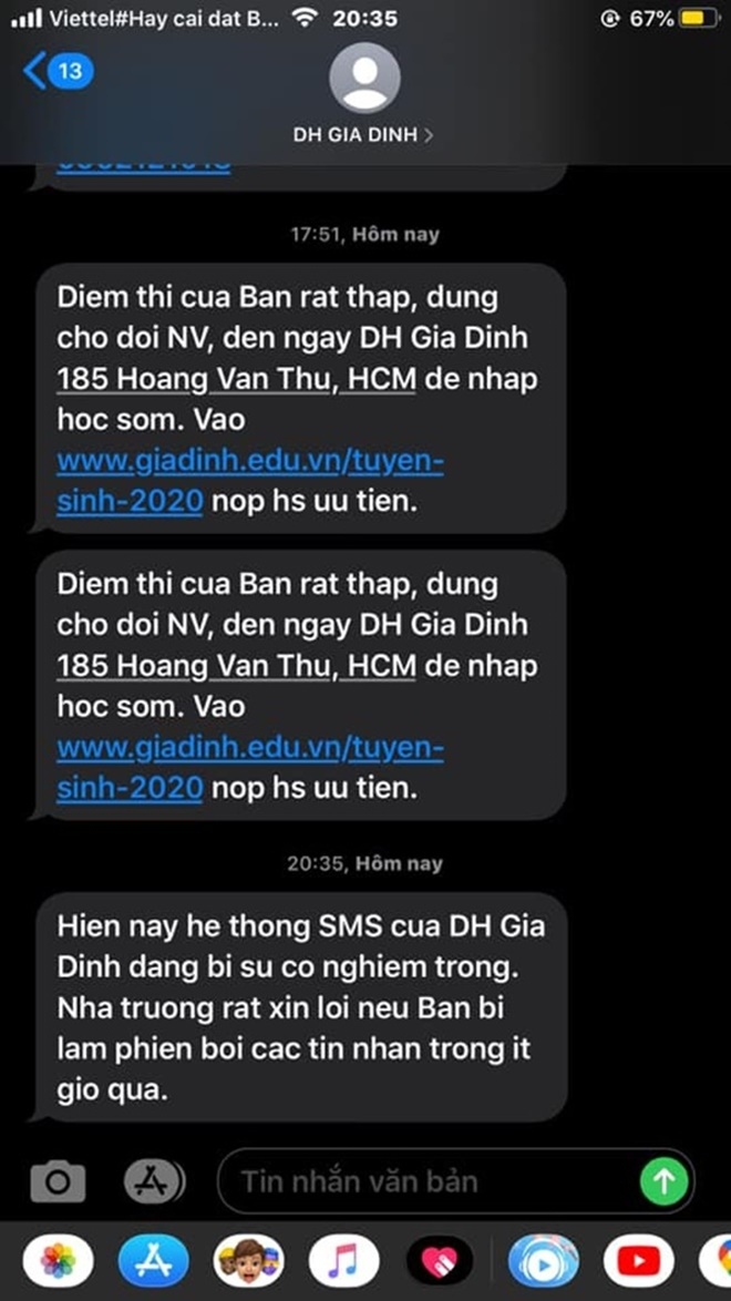 Nhắn tin 'chê' thí sinh điểm thấp: ĐH Gia Định đổ lỗi do sự cố của hệ thống SMS - 1