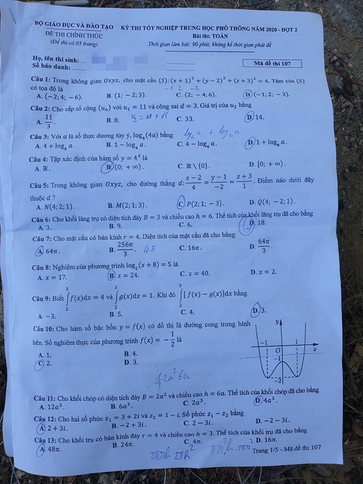 Đề môn Toán kỳ thi tốt nghiệp THPT 2020 đợt 2 - 1