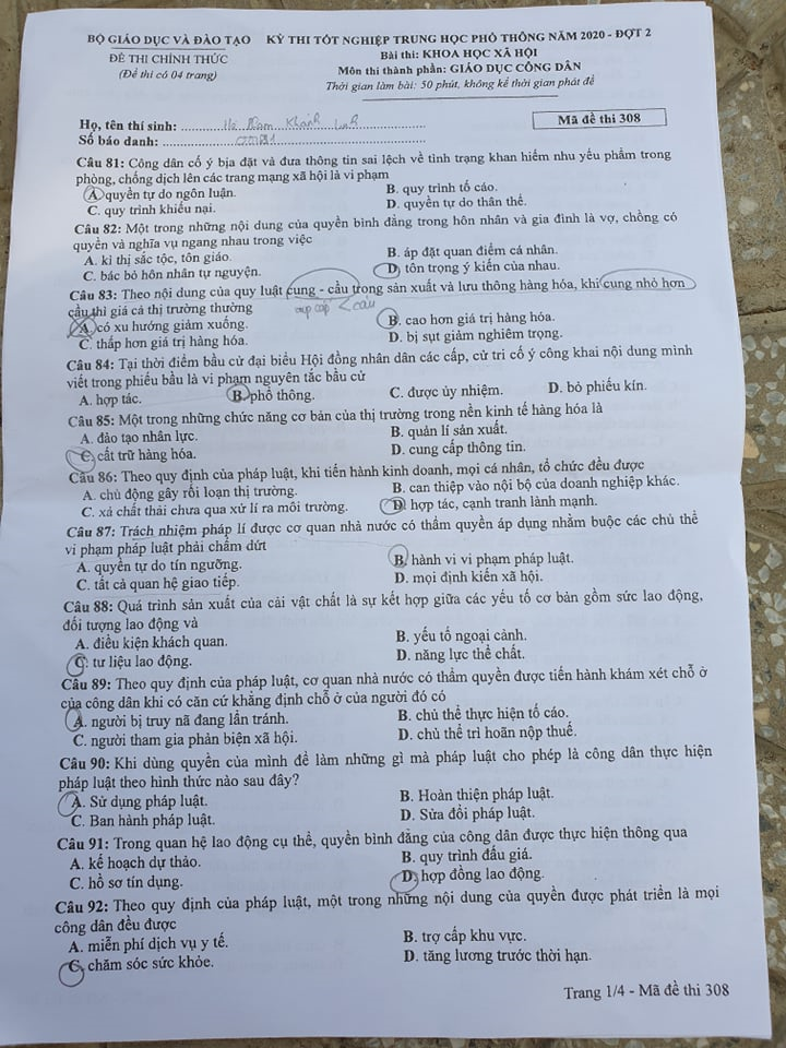 Đề Giáo dục công dân thi tốt nghiệp THPT 2020 đợt 2 - 1