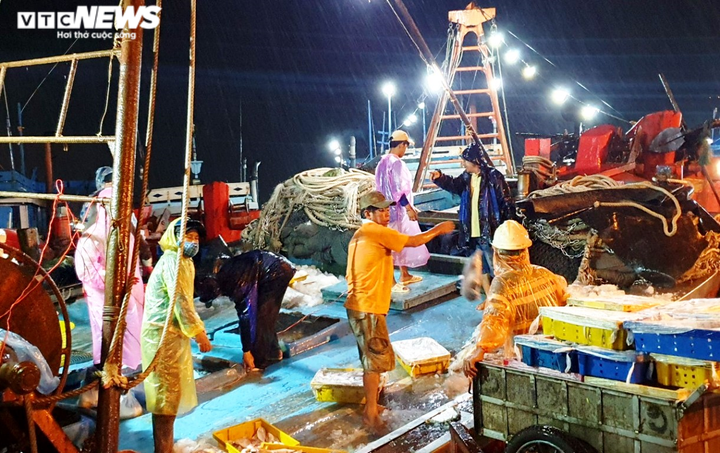 Ảnh: Ngư dân đội mưa xuyên đêm bốc cá trước giờ bão số 5 đổ bộ - 1