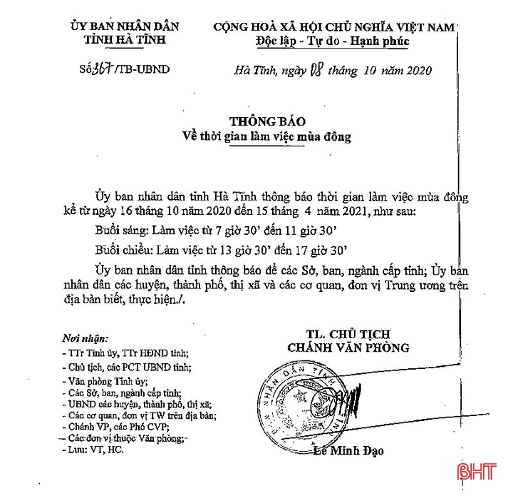 Hà Tĩnh điều chỉnh giờ mùa đông, cán bộ, công chức làm việc từ 7h30 - 1