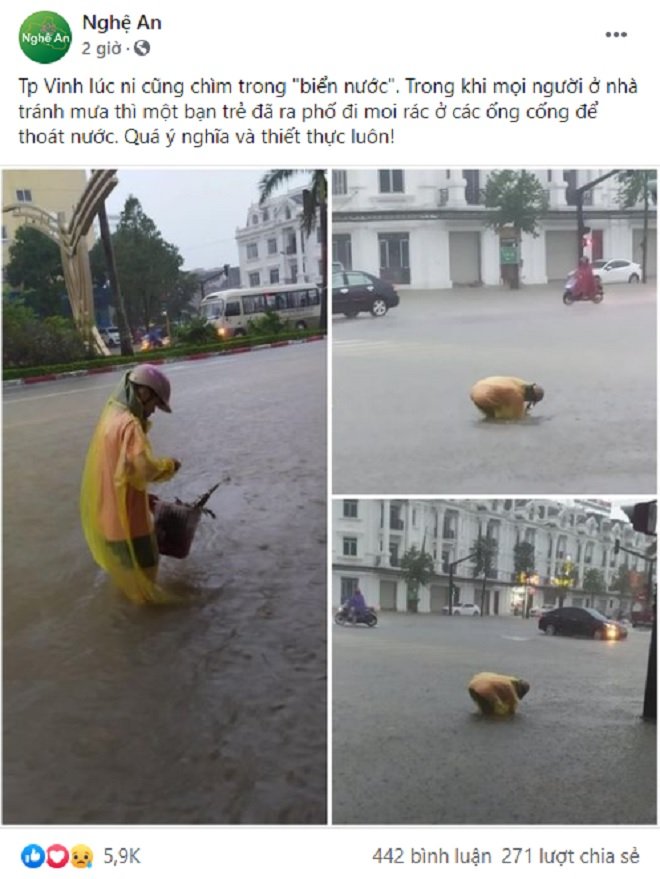 Giữa thành Vinh ngập sâu, cô gái moi rác thông cống khiến dân mạng cảm kích - 1