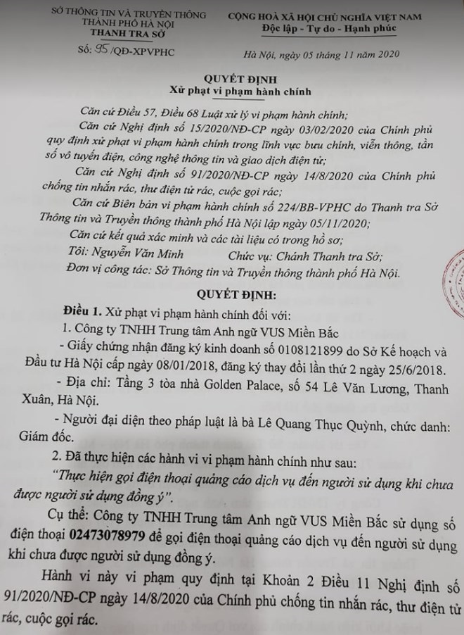 Thực hiện 'cuộc gọi rác', Công ty TNHH Anh ngữ VUS bị phạt 7,5 triệu đồng - 1