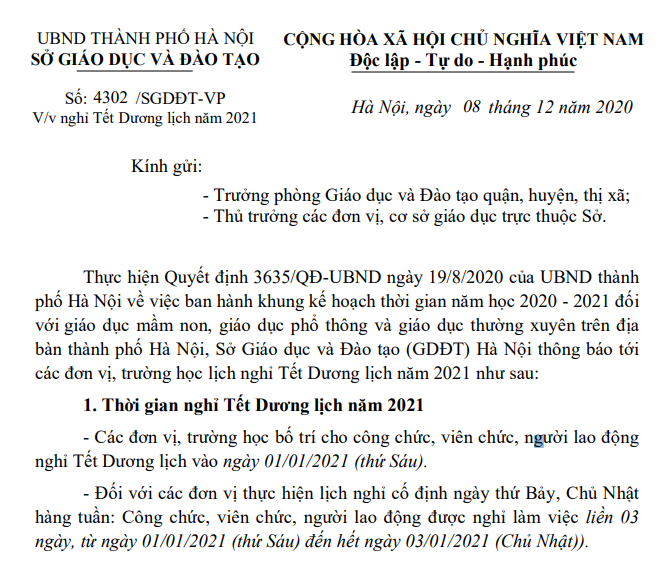 Học sinh Hà Nội được nghỉ Tết Dương lịch 2021 bao nhiêu ngày? - 1