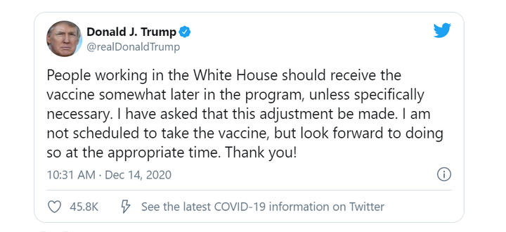 Ông Trump chưa tiêm vaccine COVID-19, yêu cầu quan chức Nhà Trắng chờ tiêm sau - 1