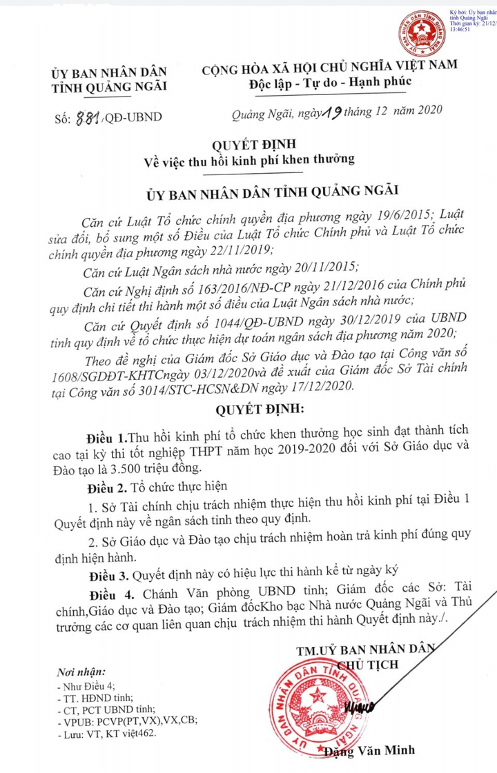 Quảng Ngãi thay đổi quyết định thu hồi 3,5 tỷ đồng khen thưởng học sinh - 2