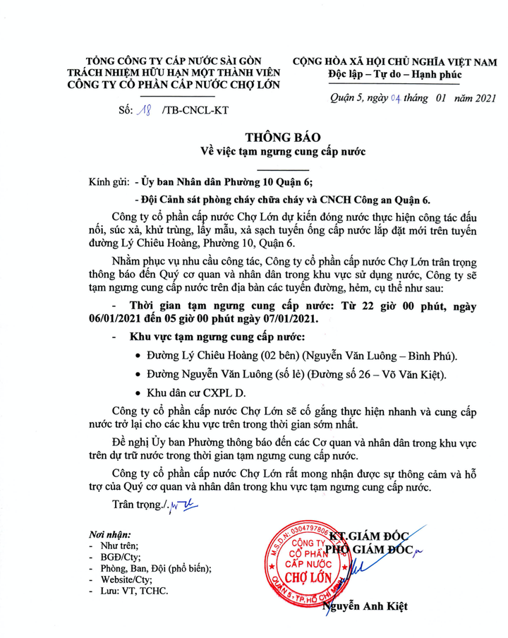 TP.HCM: Ngày mai, một số khu vực thuộc Quận 1, Quận 6, Quận 10 bị cúp nước - 1