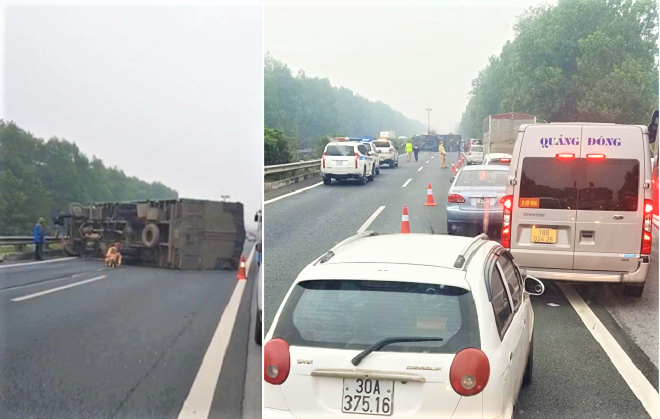 Xe tải 'phơi bụng' giữa đường, cao tốc Pháp Vân - Cầu Giẽ ùn tắc kéo dài - 1