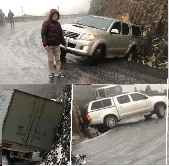 Lào Cai: Băng tuyết khiến Quốc lộ 4D trơn trượt, tài xế phải lấy dây buộc đầu xe - 1
