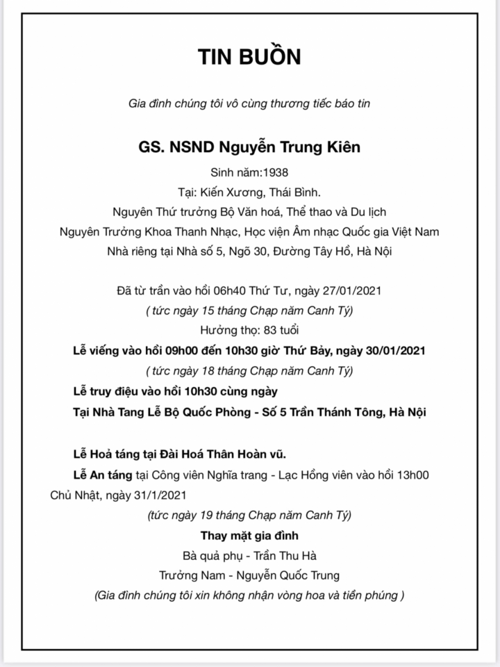 Thông tin tang lễ của NSND Trung Kiên - 1