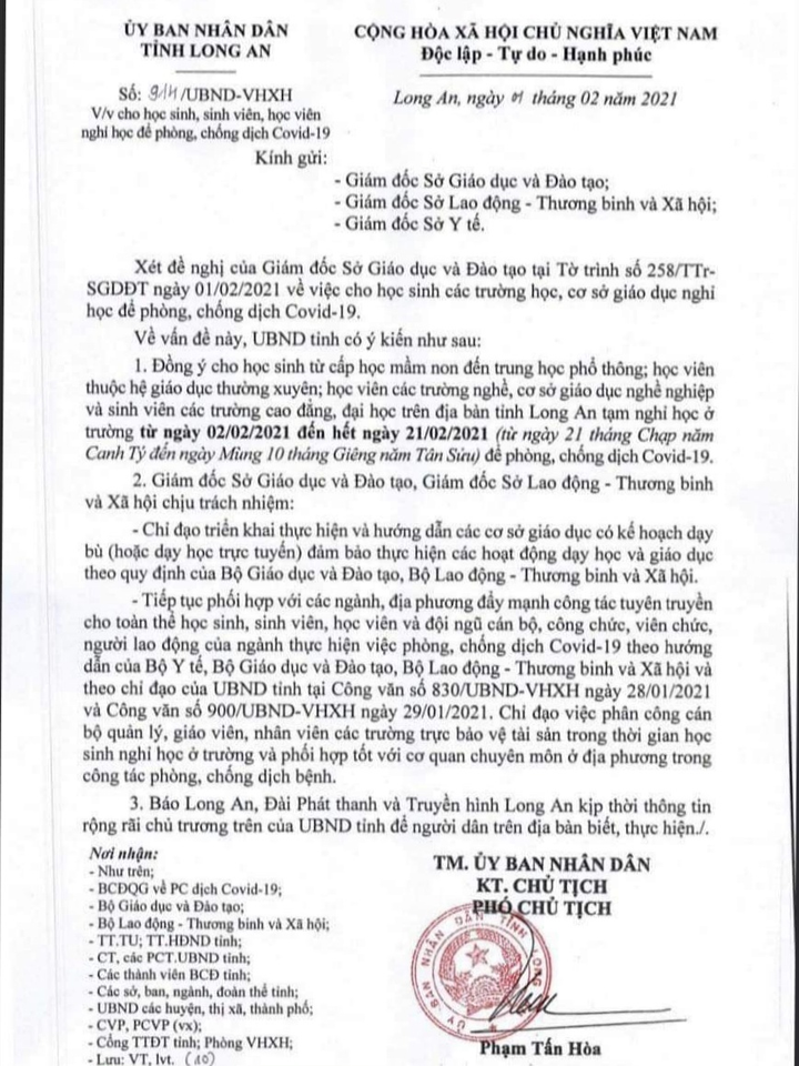 Long An cho học sinh, sinh viên nghỉ học từ 2/2 - 1