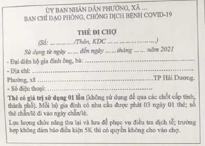 TP Hải Dương phát thẻ đi chợ 3 ngày/lần trong thời gian cách ly xã hội - 1