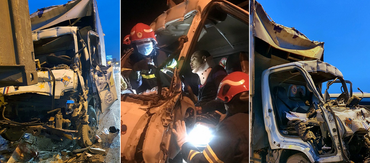 Xe tải tông xe đầu kéo trên cầu Thanh Trì, 3 người trên cabin may mắn thoát chết - 1