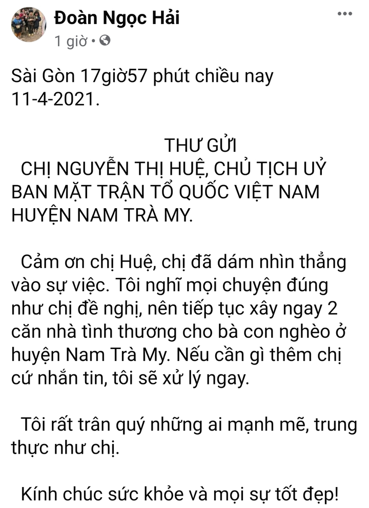 Ông Đoàn Ngọc Hải thôi đòi lại tiền, huyện Nam Trà My xây nhà tình thương - 1