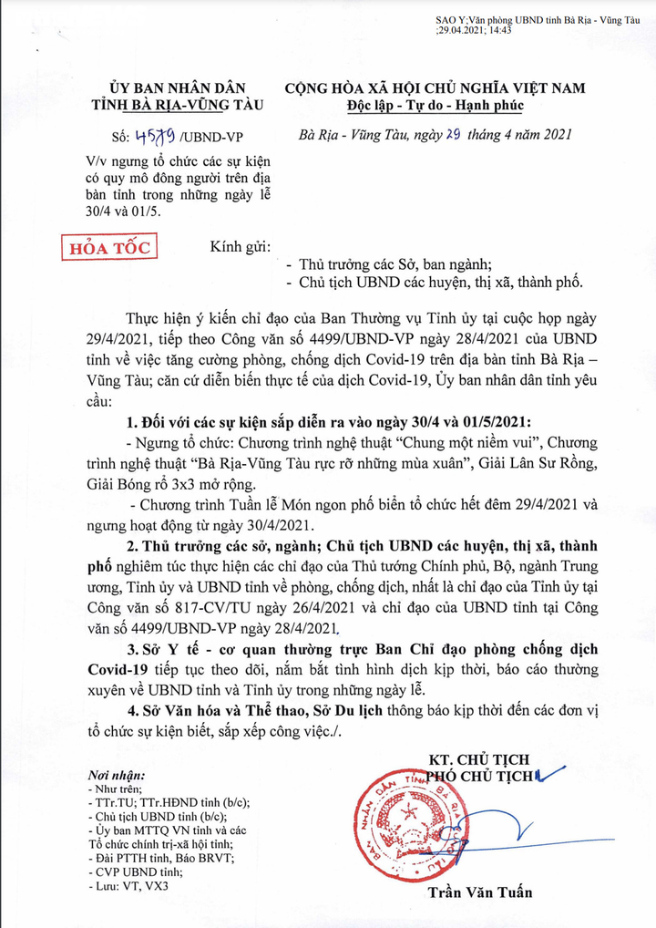 Bà Rịa - Vũng Tàu ngừng nhiều sự kiện đông người dịp lễ 30/4 - 1/5 - 1