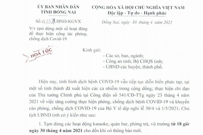 Đồng Nai dừng hoạt động quán bar, vũ trường, karaoke từ 18h hôm nay - 1
