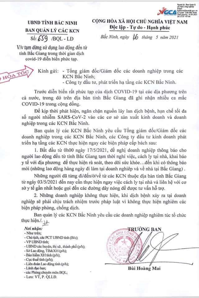 Bắc Ninh yêu cầu lao động đến từ Bắc Giang tạm thời nghỉ việc, cách ly tại nhà - 1