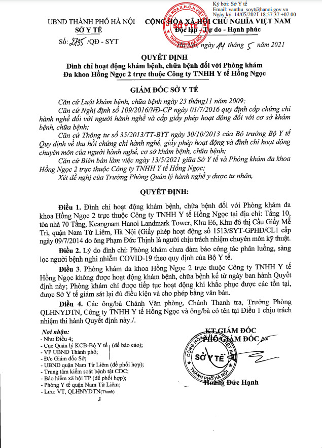 Đình chỉ hoạt động Phòng khám Đa khoa Hồng Ngọc 2 - 1