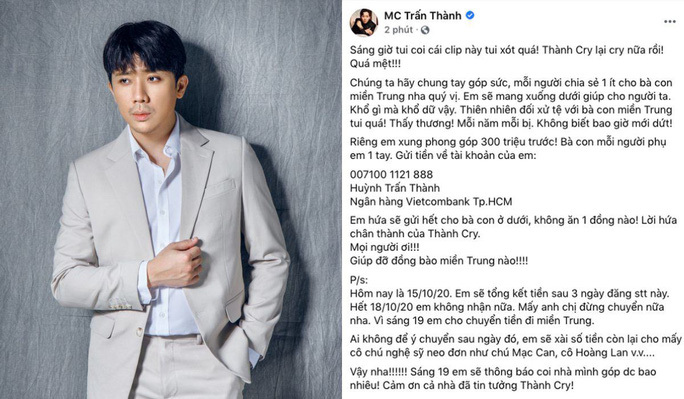 Trấn Thành bị nghi có khúc mắc về tiền quyên góp cứu trợ miền Trung - 1
