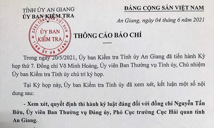Phó Cục trưởng Cục Hải quan tỉnh An Giang bị kỷ luật - 1