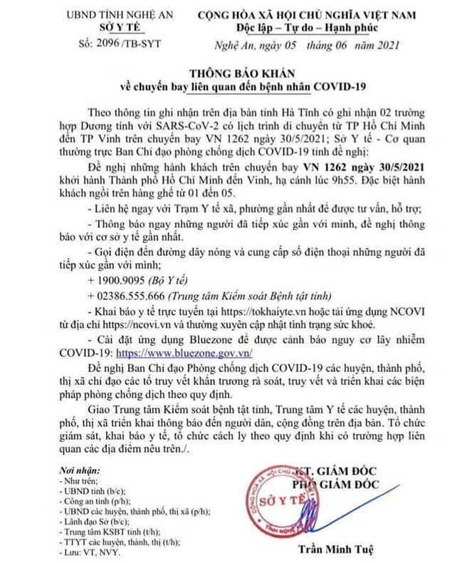 Nghệ An tìm khách đi chuyến bay VN 1262 ngày 30/5 do liên quan 2 ca COVID-19 - 1